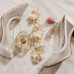 A pair of High Heel with perfume and Flowers - Image