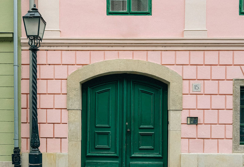 Green and Pink Building Image