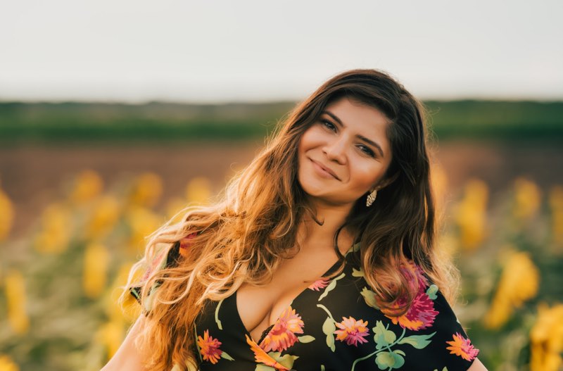 Woman in summer print dress