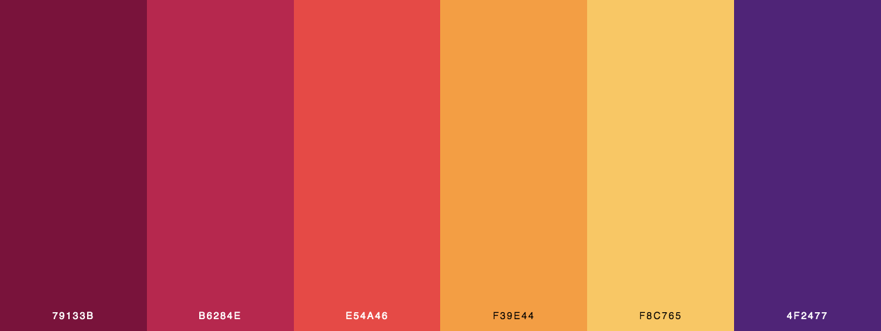 Open your heart color palette with burgundy, red, orange, yellow and purple color