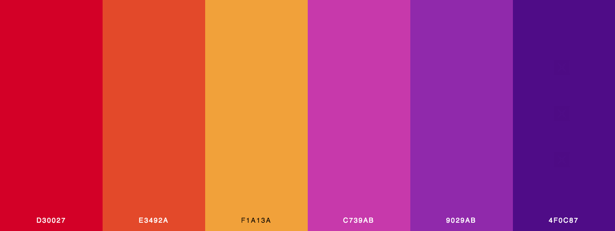 Valentine unicorn color palette with red, orange, yellow, purple and violet colors